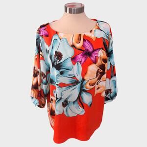 Chico's Sz 3 16/18 Colorful Tropical Floral Blouse 3/4 Sleeve Polyester Spandex